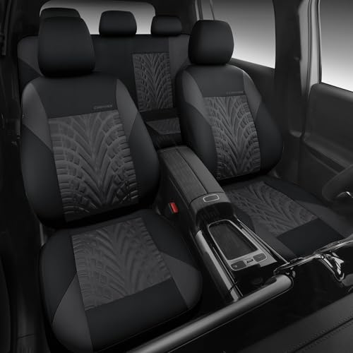 Image of CAR PASS Neoprene Waterproof Seat Covers Full Sets, Wetsuit Car Seat Covers 5 Seats Universal Fit Vans, Truck, SUV, 3D Tyre Embossed Seat Covers Anti Slip with Armrests, Aibag Compatible(Black Gray)