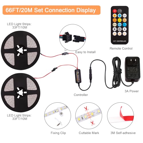 Tira de LED regulable 66 pies 2700K-6500K con control remoto miniatura 5