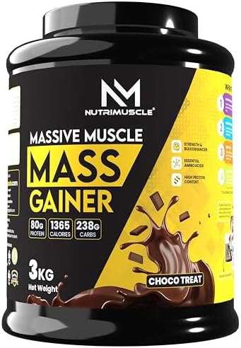 Nutrimuscle Massive Muscle Mass Gainer, 3 Kg (Chocolate) โ Whey Protein & Complex Carb Blend with Creatine Monohydrate, BCAA, Digestive Enzymes & Multivitamins for Muscle Mass, Strength & Recovery