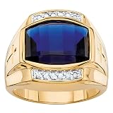 PalmBeach Jewelry Men's 18K Yellow Gold Plated Emerald Cut Created Red Ruby or Blue Sapphire and Dia