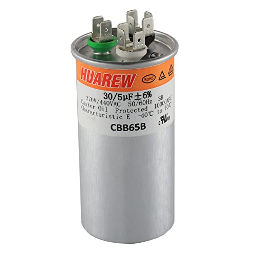 30/5 uF 30+5 MFD ±6% 370V/440V CBB65B AC Capacitor Dual Run Round Capacitor Replacement 30 5 uF MFD 370 440 Volt VAC for AC Unit Fan Motor Start or Heat Pump or Condenser Straight Cool