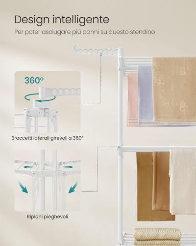 SONGMICS Stendibiancheria, Stendino Pieghevole a 4 Livelli, con Ruote e Ali Richiudibili, 63,5 x 128 x 173 cm, Capiente, Uso Interno ed Esterno, Bianco Nuvola LLR701W03 - Immagine 4