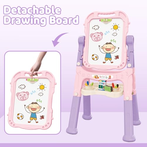 deAO Art Easel Toys for Kids, 4-in-1 Double Magnetic Drawing Board Adjustable Standing Rotatable Sidewalk Chalk with Painting Writing Accessories, Easel Toys Birthday Gifts for Girls Boy (Pink) - Thumbnail 7