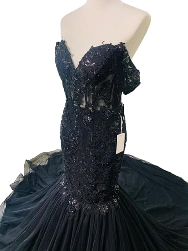 Ftupza Tulle Mermaid Wedding Dresses for Bride Off Shoulder Lace Wedding Gown Long Black Bridal Gown3