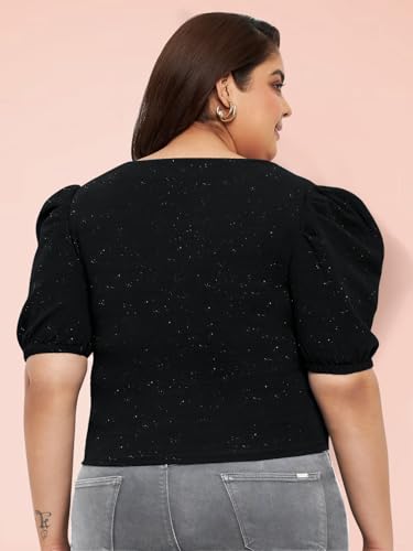 Image of wild U Women Western Plus Size Crop Top| Shimmer | Puff Sleeve | Stretchable | Stylish Top for Curvy Women (Black)