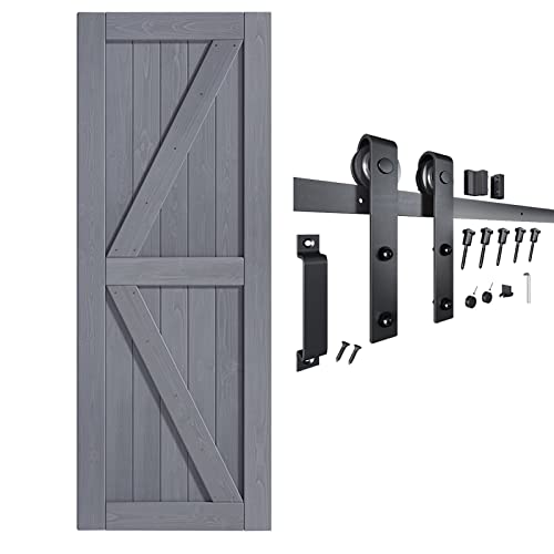 Image of FREDBECK 28in x 80in Grey Barn Door, Solid Wood,Double Surface,K-Frame,Gray