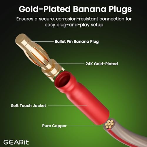 Image of GEARit Speaker Cables with Banana Plugs Pair 9.9 ft,Speaker Wire 14 Gauge OFC with Gold-Plated Tips,Banana Plugs Speaker Cables CL2 Rated for Audiophiles,Hi-Fi Systems,Home Theater,Amplifiers