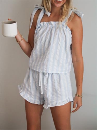 Women Floral Tie Shoulder Pajamas Set 2 Piece Casual Outfits Sleeveless Tie up Flower Tops Shorts Cute Beach Set2