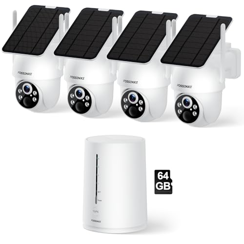 FOSSENXE 2K Camera Surveillance WiFi Exterieure Solaire, Kit 4 Caméras avec Base Stockage, Zéro Frais, PTZ 360°, Stockage Local 64G, 4MP Caméra sans Fil avec Détection Mouvement PIR, Vision Nocturne
