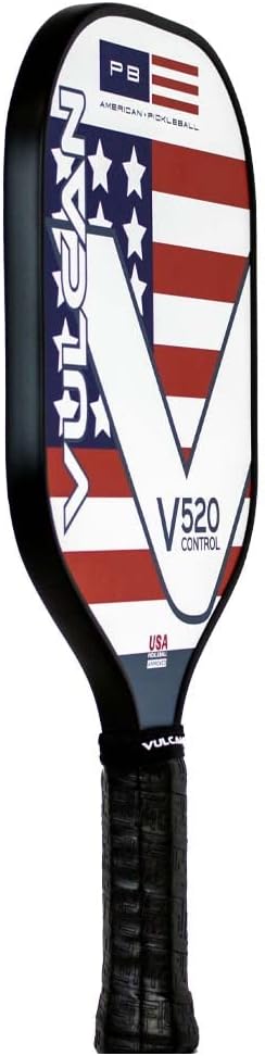 Side view of the Vulcan V520 Pickleball Paddle, showing its thickness and grip.