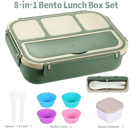Bento Box Adult Lunch Box, Lunch Containers for Kids Girls Boys with 4 Compartments, Lunchable Food Container with Utensils, Sauce Jar, Muffin Liners, 40 Oz/5 Cup, Microwave & Dishwasher Safe, Green - Thumbnail 5