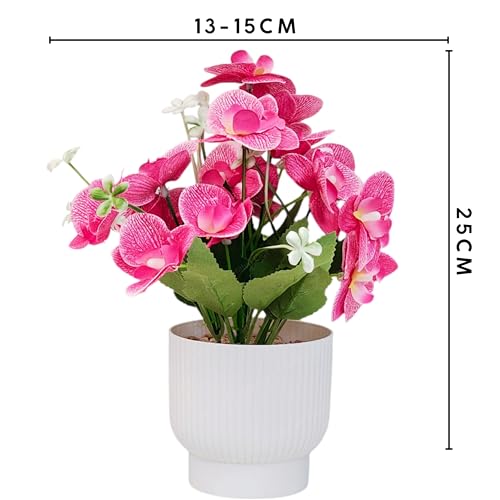 Image of CURATED CART Flower Pot with Artificial Flowers - Orchid Pink Flower with White Vase | Ideal for Home Decor | Office Decor | Gifting | Size 25 x 15cm