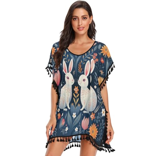 Cute Cartoon Pattern Rabbit Women's Beach Cover Up Chiffon Tassel Swimwear Swimsuit Coverups for Girl