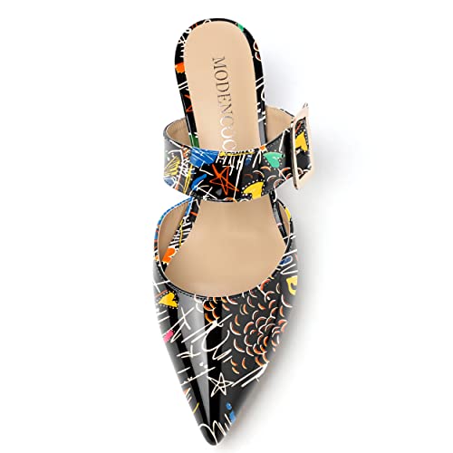 Modencoco Women's Buckle Chunky Mule Point Solid Patent Low Heel Pump Adjustable Strap Clogs And Mules Shoes Black Love Painting Size 11.5 - Tacones De Mujer Sexy #TOP2