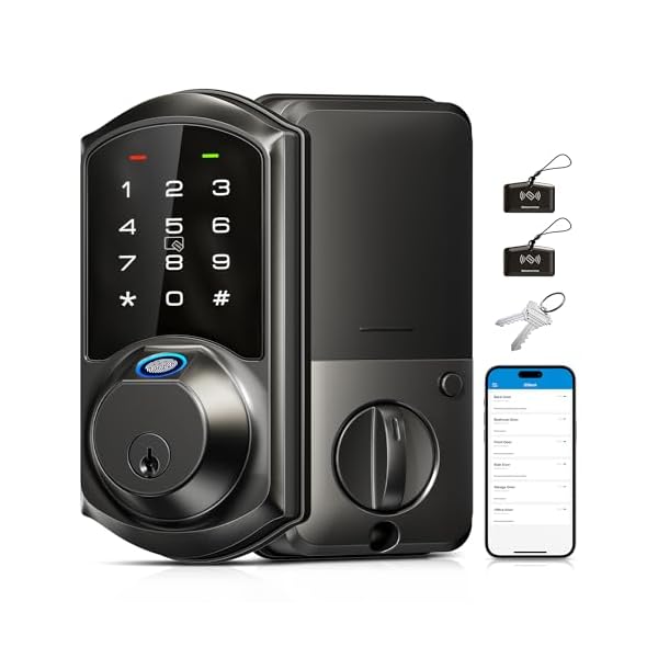 Veise Fingerprint Smart Lock for Front Door, 7-in-1 Keyless Entry Deadbolt with App Control, Electronic Digital Locks with Touchscreen Keypad, Auto Lock, Easy Install, Waterproof, Matte Black