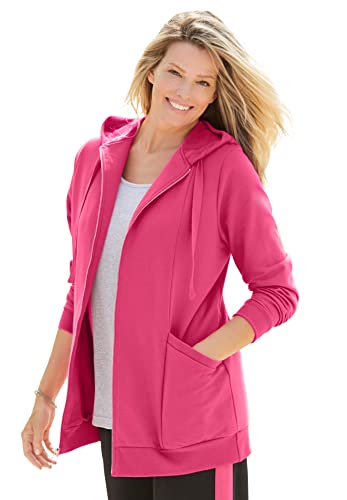 Image of Woman Within Plus Size Zip Front Hoodie Jacket Long Oversized Fleece Jacket - 1X, Raspberry Sorbet