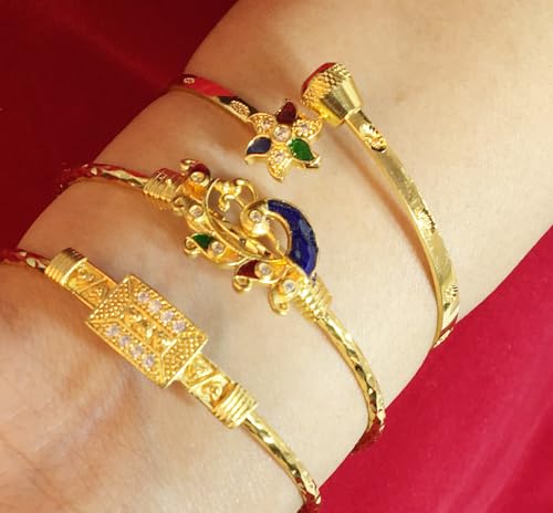 Image of Touchstone Indian Bollywood Handcrafted Engraved Etched Floral Round Rhinestones Cubic Zirconia CZ Designer Jewelry Openable Elegant Gold Plated Bracelets Combos for Women