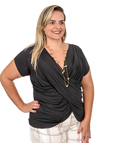 BLUSA FEMININA MANGA CURTA TRANSPASSADA COM DECOTE PLUS SIZE PRETA (G3)