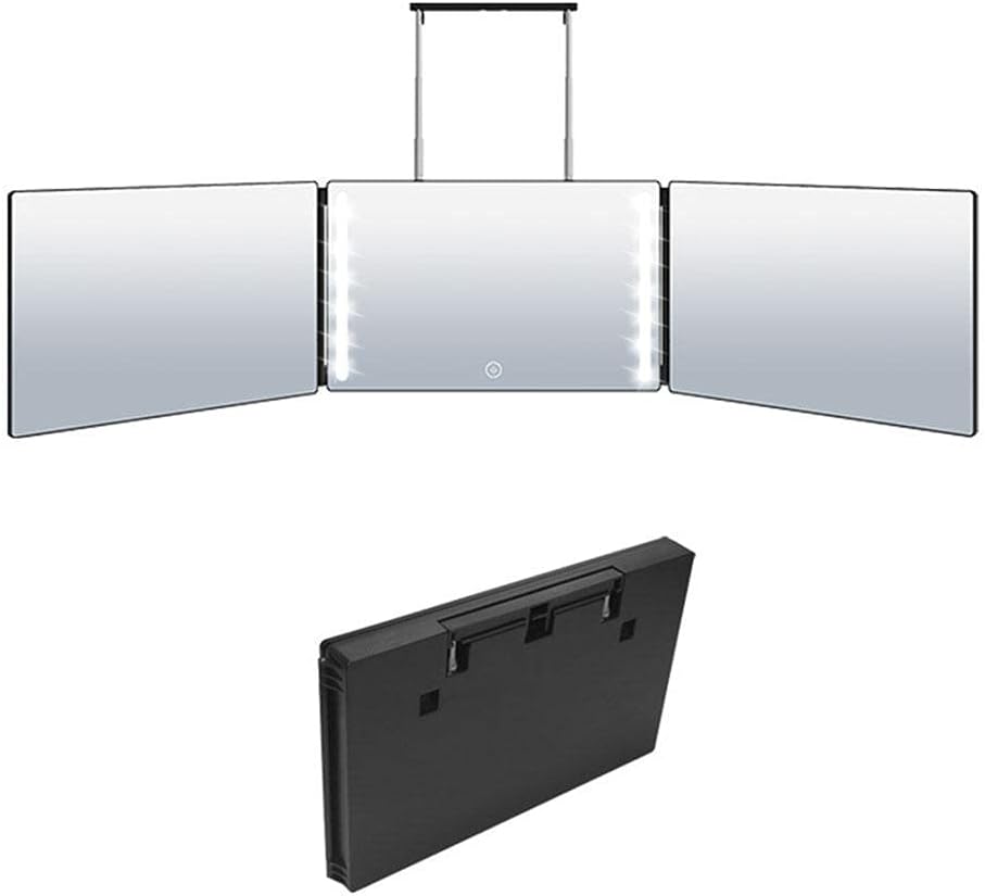 POPG Portable Adjustable 3 Way Mirror with LED Trifold Hanging Mirror for Self Hair Cutting and Styling DIY Haircut Tool to Cut, Trim, or Shave Your Head and Neckline at Home Hands-Free