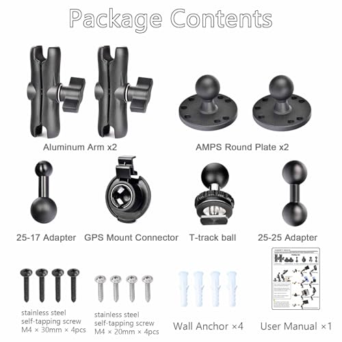 Aluminum GPS Mount with 25-17mm Adapter for Garmin GPS with 17mm Socket,10.9\'\' Dual Rod Extension Arm, AMPS Standard for iPad & Striker 4 Fish Finder, T-Bolt Track Mount, Compatible with RAM B-Size