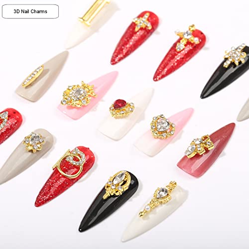 24 Pcs Nail Rhinestone Gold 3D Nail Charms For Acrylic Nails Multi Shapes Nail Gems And Heart With Box For Women Girls Diy Nail Art Decorations #TOP3