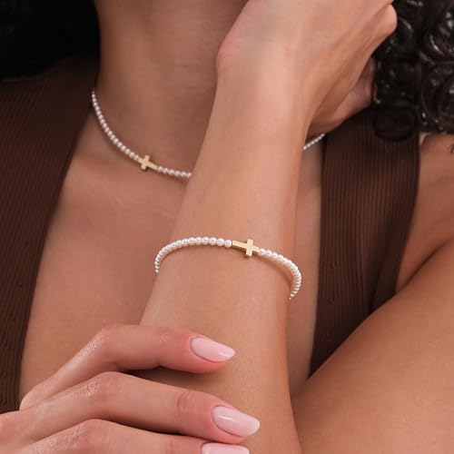 18K Gold Vermeil Cross Pearl Bracelet for Women, Dainty Beaded Religious Jewelry, Adjustable Faith Bracelet Gift for Her3