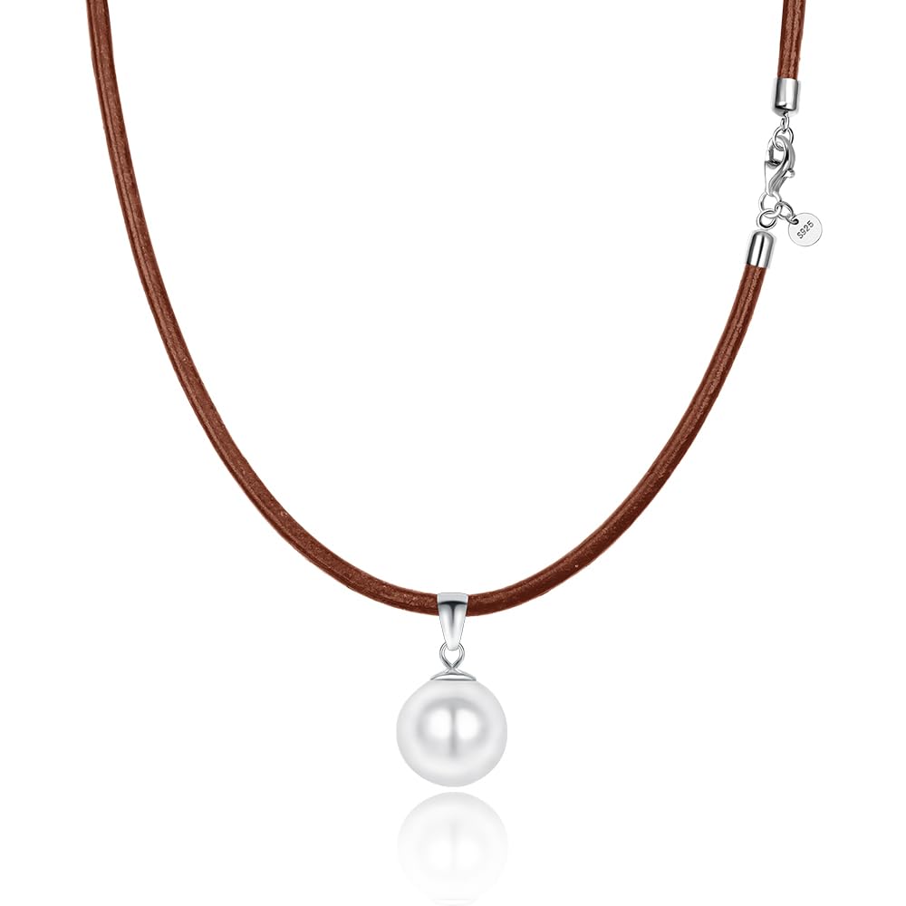 Viwind Perlen Leder Halskette für Damen Echtes Leder 45 cm 925er Silber Verschluss Anhänger Kette 12 mm runde Naturperle Muschelperle