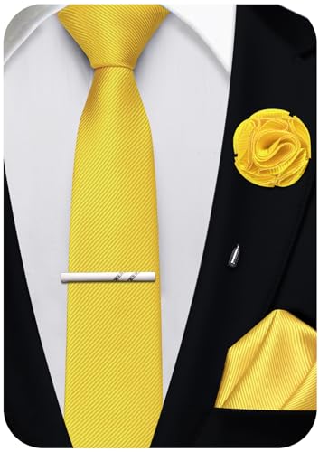 Ailisus Schmale Krawatte und Einstecktuch, einfarbig, 6 cm, klassische, schmale Krawatten für Herren, handliche Anstecknadel, Krawattenklammer, Set, formelle Hochzeit, Party, gelb, Einheitsgröße