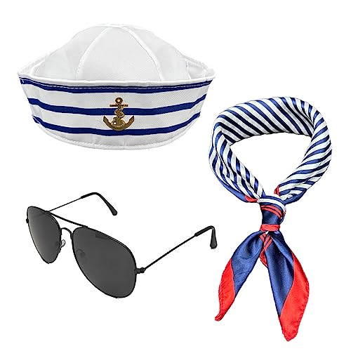 MIVAIUN Gafas de Sol Conjunto de Sombrero y Bufanda de Marinero a Rayas Fiesta de Vestir para Mujeres y Hombres Accesorio de Disfraz,para Fiestas en Yates Marinos y Cosplay(3 Piezas)