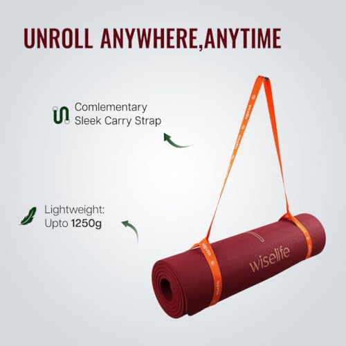 Image of WiseLife TRUE Body Alignment Yoga Mat with Strap - Extra Wide 10mm Non-Slip ECO TPE Exercise Mat for Yoga, Pilates, Home Workout & Gym - Alignment Lines, Eco Friendly (Wine)