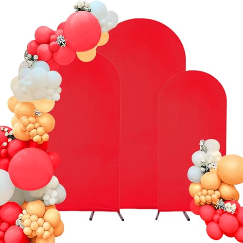 Spandex Fitted Wedding Arch Cover Set of 3 Red Arch Backdrop Cover, Round Top Chiara Backdrop Stand Covers for Wedding Birthday Party Baby Shower Banquet Arch Decoration (Red, 4FT,5FT,6FT)