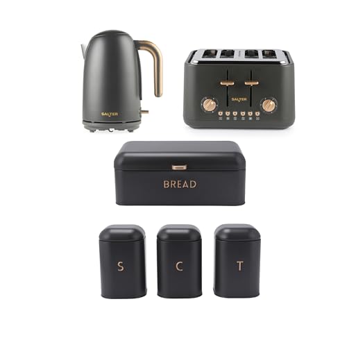 Salter Pebble 6-Piece Countertop Set - 1.7L 3kW Kettle, 4-Slice Toaster, 3-Piece Canister Set & Bread Bin, Tea, Coffee & Sugar Tins, Matching Electrical Appliance Set, Charcoal Grey