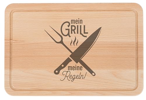 Großes Brotzeitbrett, Schneidebrett aus Buchenholz, mit Gravur 'Grillen', 30x20x1,5cm und Saftrille. Geölte Oberfläche hochwertige Lasergravur (Mein Grill - meine Regeln)