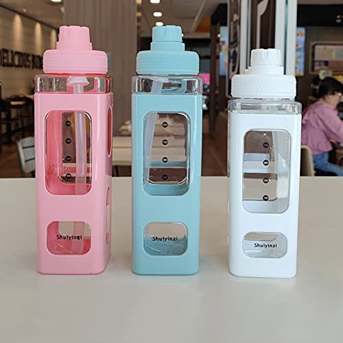 Garrafa de água com canudo esportivo plástico retângulo portátil garrafa de bebida para suco de esca