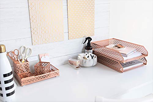 Blu Monaco Office Supplies Rose Gold Desk Accessories For Women-6 Piece Interlocking Stylish Desk Organizer Set- Pen Cup, 3 Accessory Trays, 2 Letter Trays-Rose Gold Paper Tray Holder #TOP3
