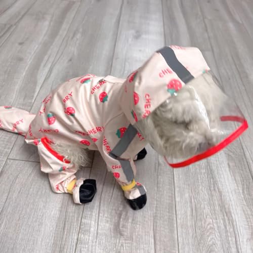 HDKUW Capa de Chuva e Sapatos de Chuva para Cães Pequenos, Jaqueta Refletiva com Anel D, Morango