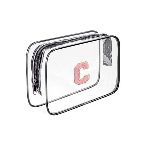 Fodofodo Clear Toiletry Bag,Portable Travel Toiletry Bag,Chenille Letter Cosmetic Bag with Zipper,Waterproof Makeup Bag,Cosmetic Storage Organizer for Women Men,Travel Essentials (Black,C)