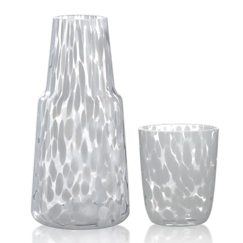 Joeyan Bedside Water Carafe and Glass Set, 32oz Glass Water Pitcher with 11oz Cup Lid for Bedroom, Modern Art Nightstand Water Carafe with Tumbler Set, Mouthwash Dispenser for Bathroom, White