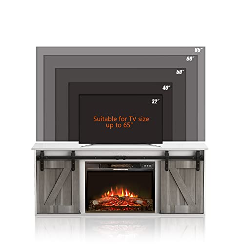 Tantmis Fireplace Tv Stand W/ 23” Electric Fireplace And Sliding Barn Doors, Wood Entertainment Center For Tvs Up To 65", Modern Farmhouse Storage Cabinet Console, White Grey #TOP5