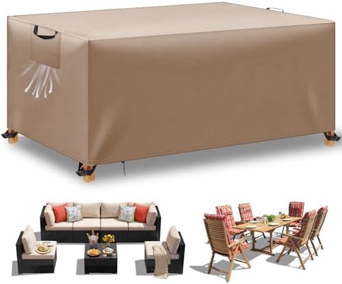 WUAYAMI Gartenmöbel Abdeckung wasserdichte Abdeckplane Gartenmöbel Winddicht Anti-UV Schwerlast 420D -Oxford Gewebe für Sitzgruppe Gartentische Terrassenmöbel Khaki, 242x162x100cm
