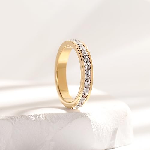 THREE KEYS JEWELRY 3.5mm Gold Baguette Zircon Stainless Steel High Polished Wedding Band Engagement Ring for Men Women Comfort Fit 8