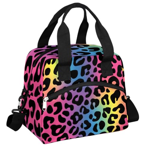 oooJHooo Lunch Bag for Women Adult Rainbow Leopard Print Reusable Insulated Lunch Box with Adjustable Shoulder Strap,Waterproof Portable Cooler Tote Bags for Work Picnic Beach Travel Office,Q-07