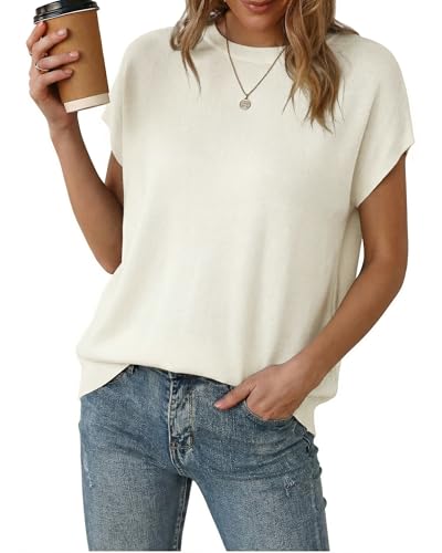 Arach&Cloz Womens 2026 Spring Summer Cap Short Sleeve Sweater Lightweight Cashmere Blend White Blouse Crew Neck Oversized Work Top Capsule Wardrobe Dressy Casual Plus Size Teacher OutfitsTrendy S