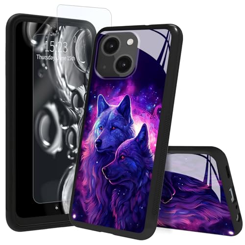 ACWDMKH for iPhone 14 Case with Screen Protector Tempered Glass Back & Shockproof TPU Bumper Scratch-Resistant Heavy Duty Rugged Cute Slim Thin Cover for Women,Blue Purple Wolf