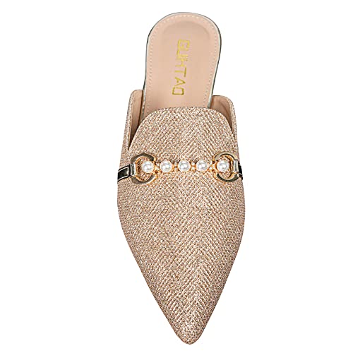 Guihtao Mules For Women Comfortable Flats Pointed Toe Slip-On Pearl Decoration Shoes (Gold Glitter, Adult, Women, Numeric_8, Numeric, Us_Footwear_Size_System, Medium) #TOP1