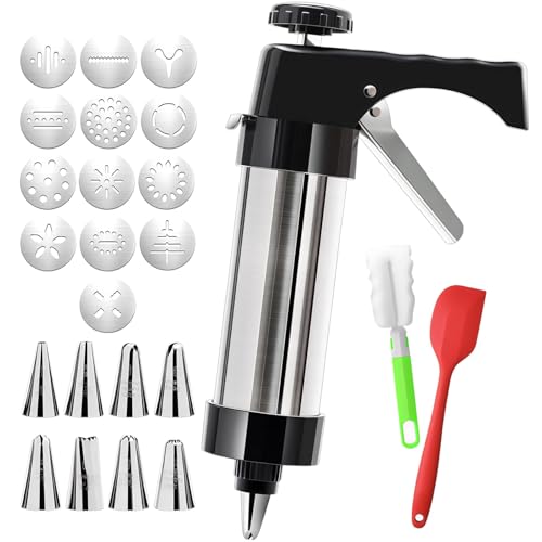 Kronabelle Prensa de galletas de acero de 38 cm, kit de pistola de 13 discos, 8 puntas de tubería, juego de glaseado para hornear, cepillo de espátula con acero inoxidable