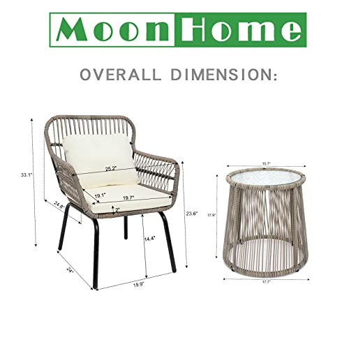 Moonhome 3-Piece Patio Conversation Bistro Set,Outdoor Furniture Set Pe Rattan Wide Chairs And Glass Top Side Table W/Cushions, Cushions, Glass Top Side Table - Tan #TOP5