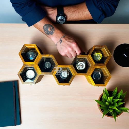 Image of Wooden Watch Box For Men & Women, 7-Slot Honeycomb Watch Organizer Case, Handmade Wooden Watch Storage Box, Unique Gift For Him & Her, Vintage Display Case,Gift For Men /Women
