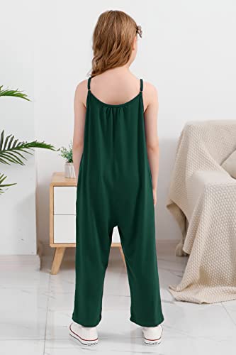 Gorlya Girls Sleeveless Casual Jumpsuit Rompers Straight Wide Leg Pants Outfits For 4-14T (Gor1097, 14Y, Green) #TOP1