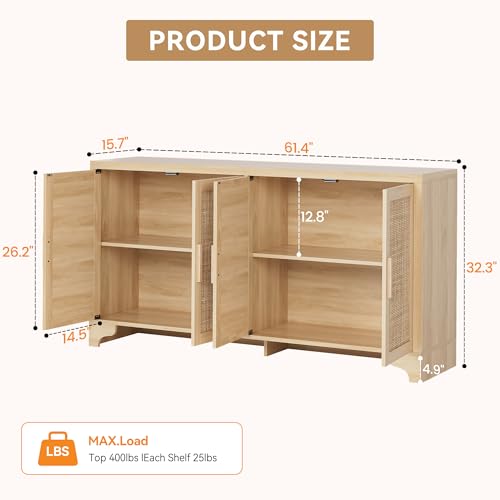 GarveeHome 4-Door Sideboard Buffet Cabinet, Natural Rattan Storage Cabinet, Boho Entryway Console Table, Coffee Bar Station for Dinning Room, Living Room, Kitchen